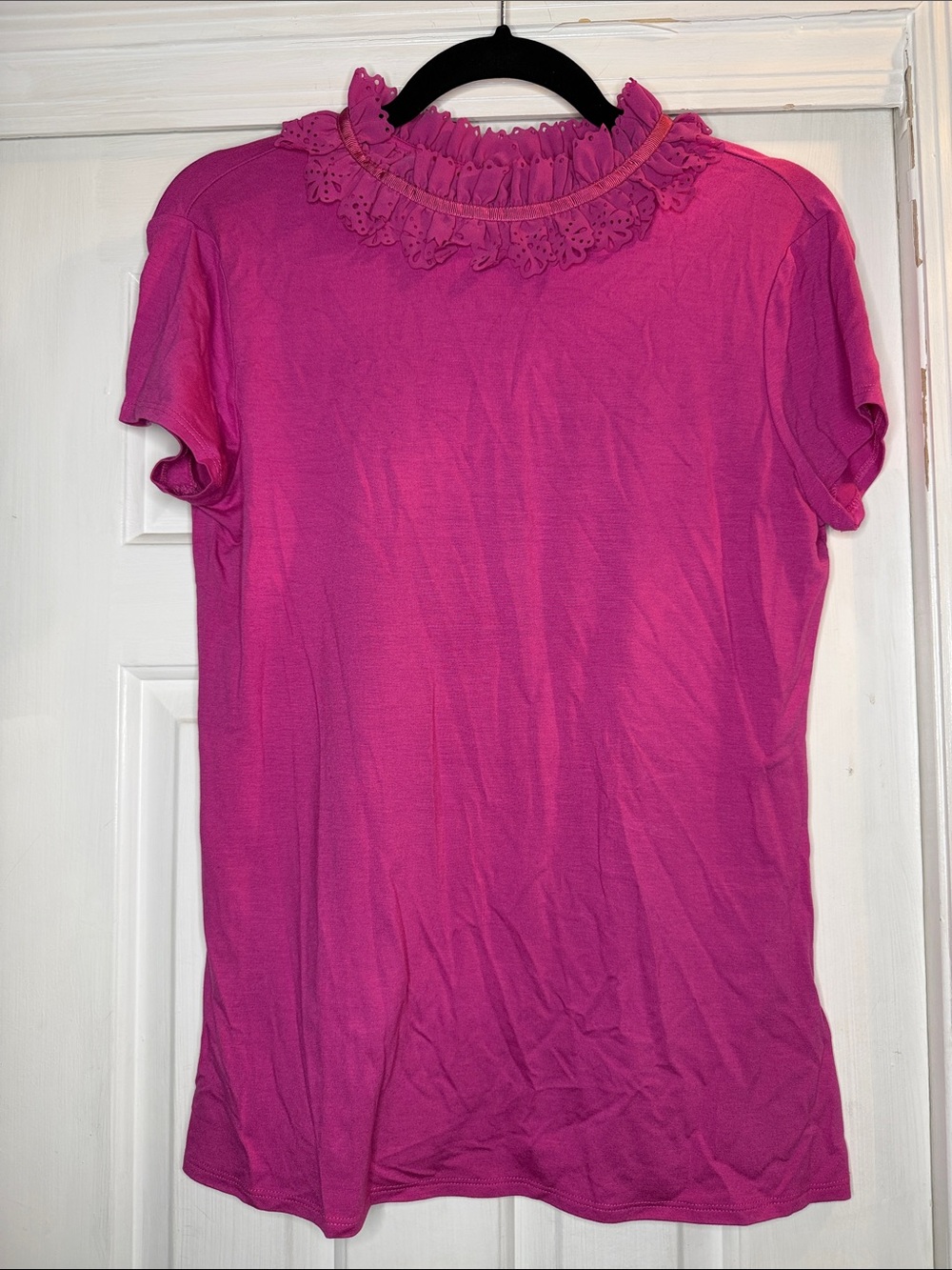 Ted Baker London Fuchsia Short Sleeve Top with Eyelet Ruffle Collar